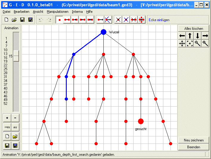 Ein Bild des Grapheneditors mit Animation (DFS im Baum)